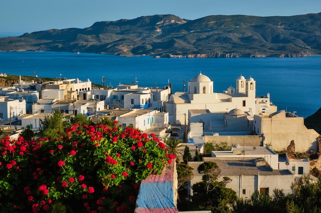 Die malerische Landschaft der griechischen Stadt Plaka auf der Insel Milos über roten Geraniumblumen