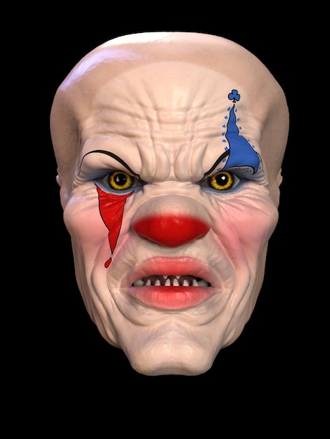 Die Maske eines bösen Clowns. 3D-Darstellung