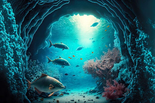 Die Meereslebewesen der Korallenriffe reisen zum Grund der Unterwasserhöhle im Ozean