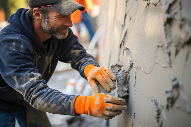 Foto die meisterschaft in der handwerksklosur eines arbeiters, der zement an der wand für den bau eines hauses verputzt