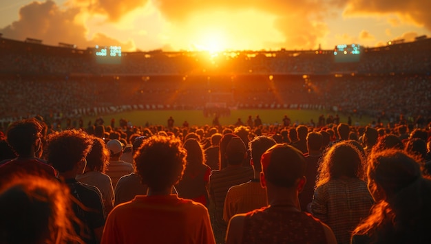 Die Menschen beobachten bei Sonnenuntergang ein Sportereignis auf dem großen Bildschirm