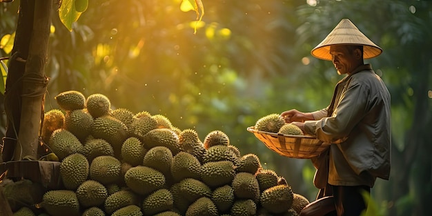 die Menschen ernten Durianfrüchte