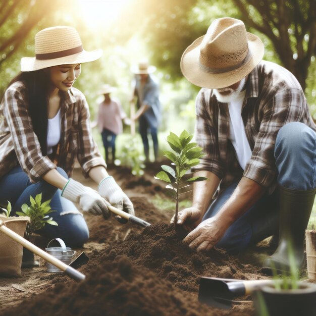 Die Menschen pflanzen junge Bäume und kümmern sich um die Natur