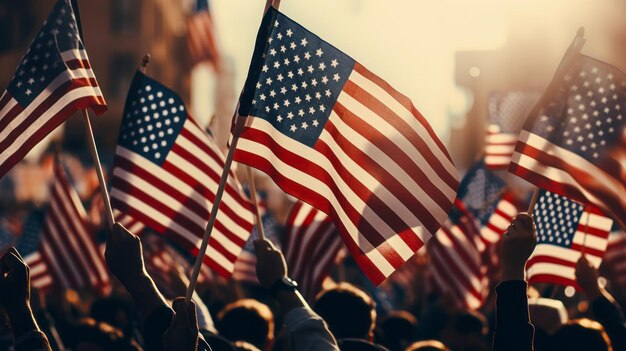 Die Menschen schwenkten die amerikanische Flagge im Freien, ein Konzept des Patriotismus.