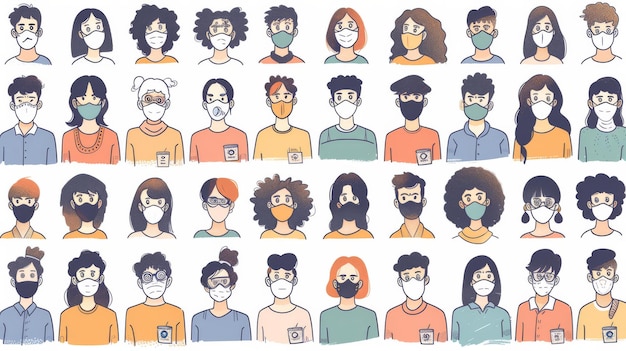 Die Menschen tragen Masken wegen des feinen Staubes Moderne Doodle-Illustrationen im handgezeichneten Stil