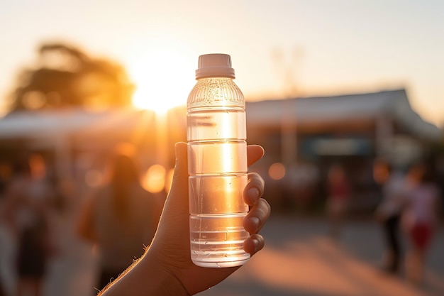 Die menschliche Hand hält eine Wasserflasche gegen die untergehende Sonne