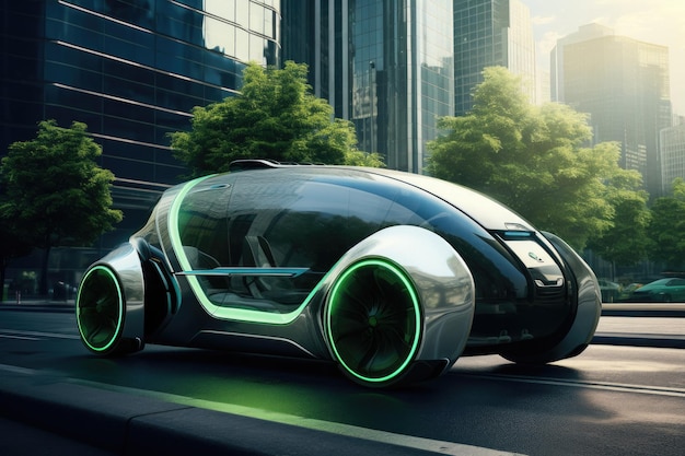 Die Metapher des grünen umweltfreundlichen Autos ECO Revolution futuristisches Öko-Auto in der Stadt