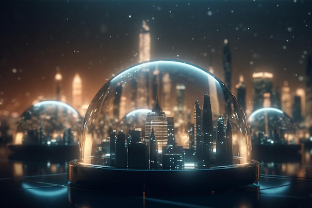 Die Metropole in einer futuristischen Stadt in einer Glaskuppel