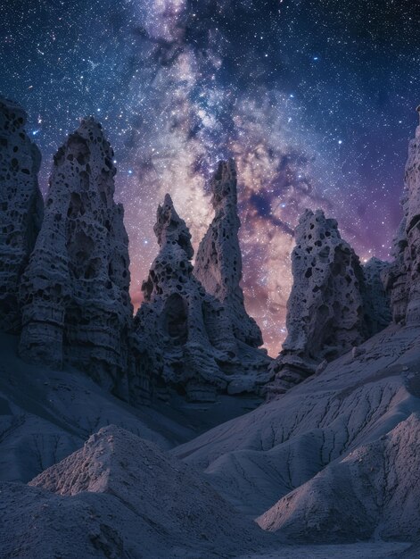 Die Milchstraße erhebt sich dramatisch über poröse Felsformationen und wirft ein kosmisches Spektakel im Herzen einer ruhigen Wüstenlandschaft in der Nacht.