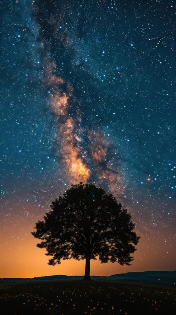 Die Milchstraße erstreckt sich über den Himmel über einem einsamen Baum