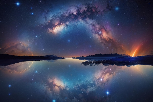 Die Milchstraße leuchtet über einem ruhigen See und majestätischen Bergen