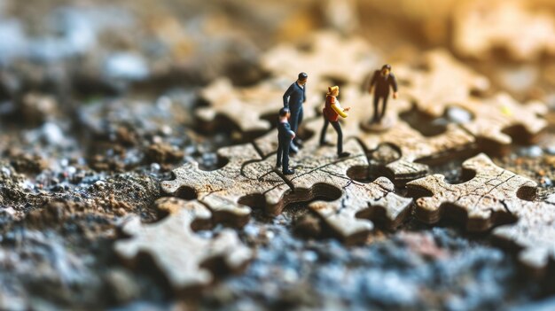 Foto die miniatur variiert gruppe von beschäftigten menschen sprechen auf einem puzzlebord aigx