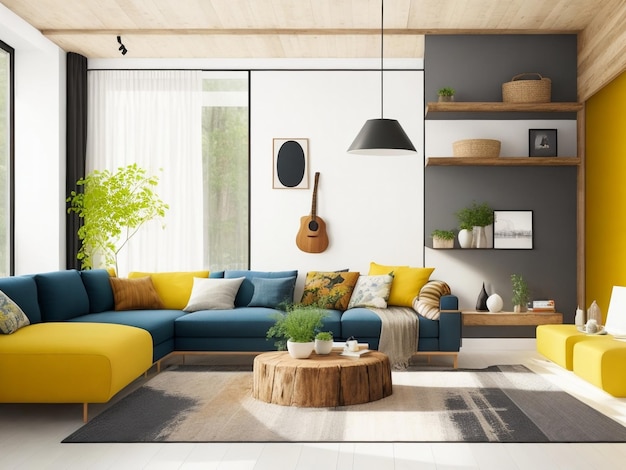 Die minimalistische Innenarchitektur des modernen Wohnzimmers mit farbenfrohem Baum