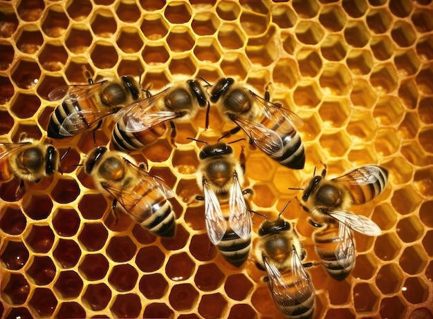 Die mit Punkten markierte Königin Apis mellifera und Bienenarbeiterinnen rund um ihr Leben als Bienenvolk