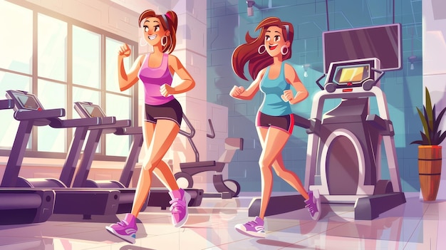 Foto die moderne cartoon-illustration zeigt junge frauen, die sich im fitnessstudio mit hanteln trainieren und auf einem laufband laufen. die cartoon zeigt weibliche athleten, die eine gesunde sportaktivität betreiben.