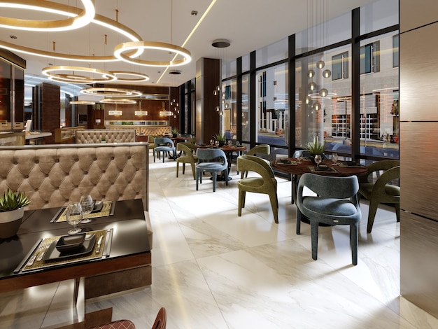 Die moderne konzeptionelle Innenarchitektur des Restaurants ist im zeitgenössischen Stil mit klassischen Elementen gehalten. 3D-Rendering.