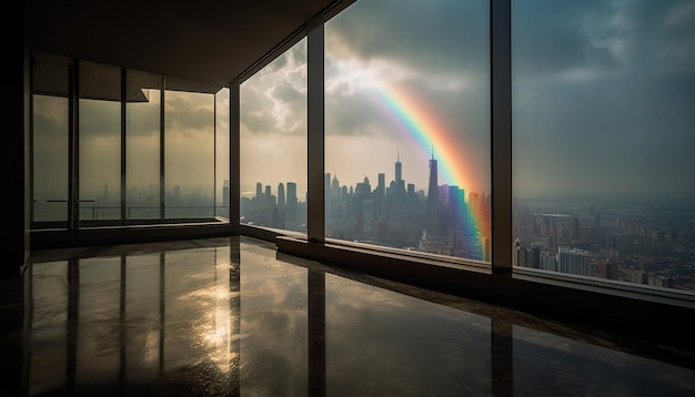 Die moderne Skyline der Stadt spiegelt sich in einem von KI erzeugten Bürofenster wider