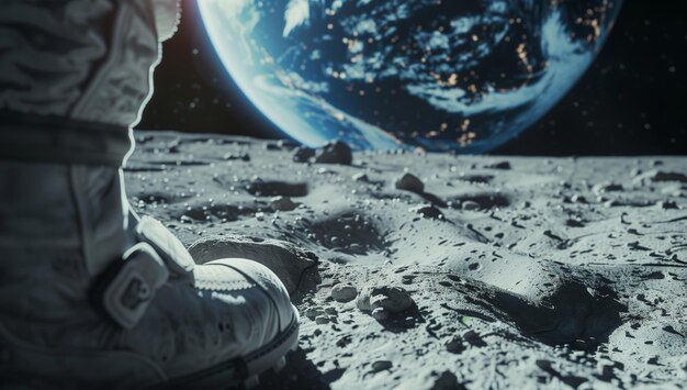Foto die mondlandung eines astronauten mit der erde als hintergrund