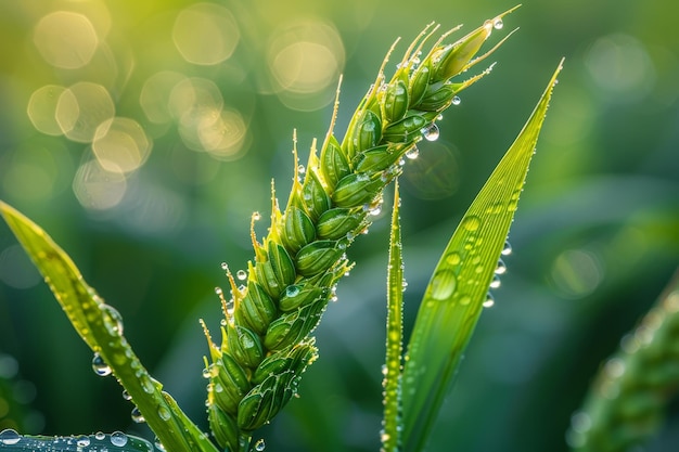 Die Morgendämmerung streichelt leichte, von Tau gekühlte Weizenstängel in einer üppigen landwirtschaftlichen Umgebung