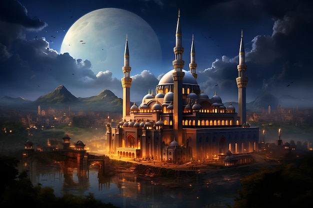 Die Moschee leuchtet im Mondlicht des Mitternachtshimmels