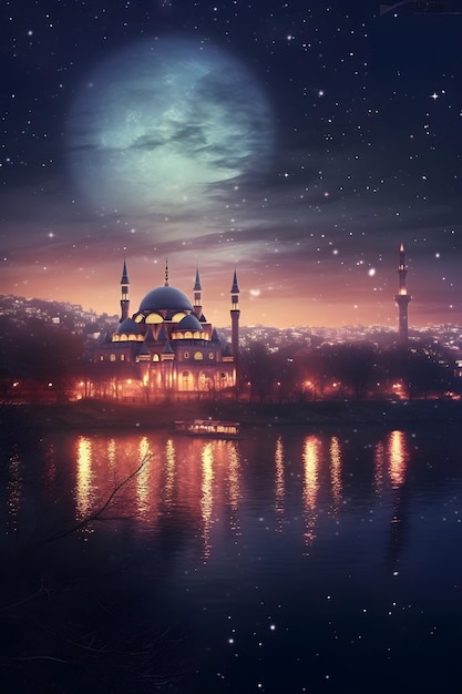 Die Moschee neben dem See an einem schönen Abend des islamischen Neujahrs