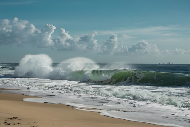 Die motivierende Strandszene fängt die starke Energie der hohen Meereswellen ein