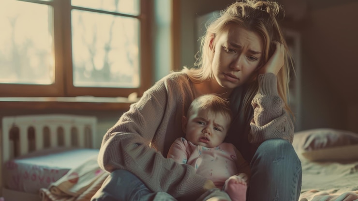 Foto die müde mutter mit dem baby