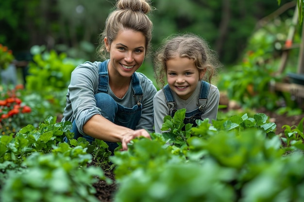 Die Mutter und ihre Tochter sind mit den Sämlingen beschäftigt, im Frühling im Garten.