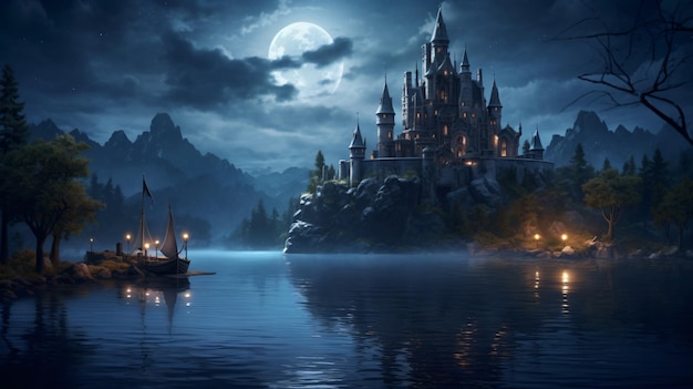Die mystische Burginsel auf dem See im Mondlicht