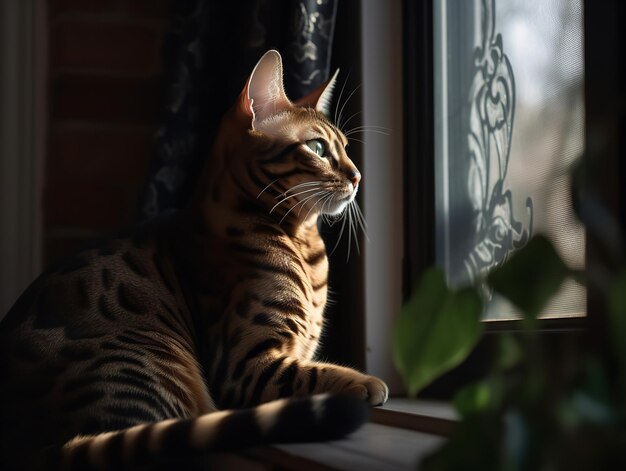 Die nachdenkliche Bengalkatze auf einer Fensterbank