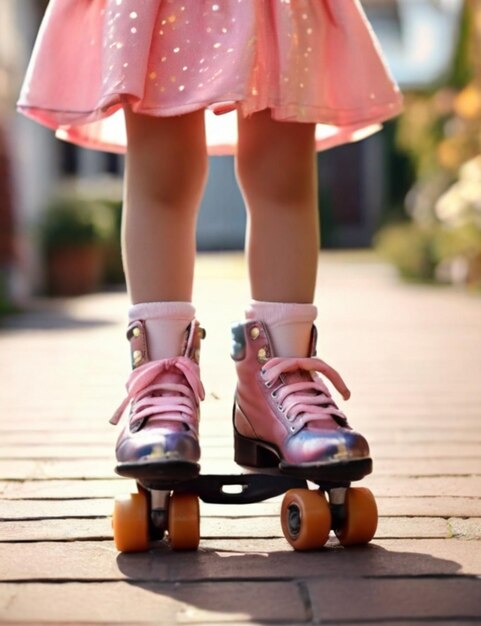 Foto die nahaufnahme der füße eines kleinen mädchens mit retro-rollschuhen am eingang der haussonne