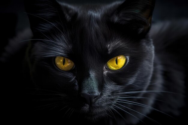 Die Nahaufnahme einer atemberaubenden schwarzen Katze mit intensiv gelben Augen, die ein Gefühl von Gefahr und Intrige vermittelt, ist KI-generativ