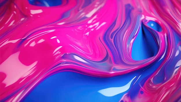 Die Nahaufnahme einer glänzenden, flüssigen Oberflächenzusammenfassung in den Farben Pink Electric Blue und Neon Green mit einer weichgezeichneten 3D-Illustration von Überschwang