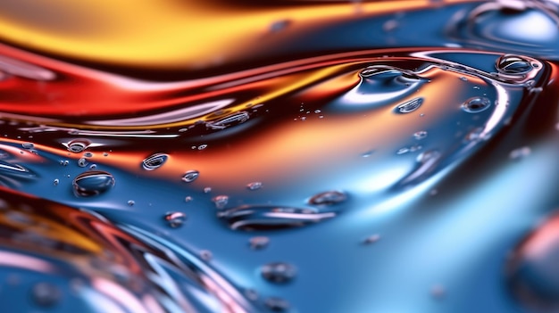 Die Nahaufnahme einer glänzenden Flüssigkeitsoberfläche in roter, gelber und blauer Farbe mit einem weichen Fokus 3D-Illustration von exuberant