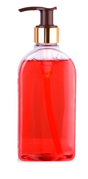 Die Nahaufnahme einer transparenten Flasche mit Flüssigseife