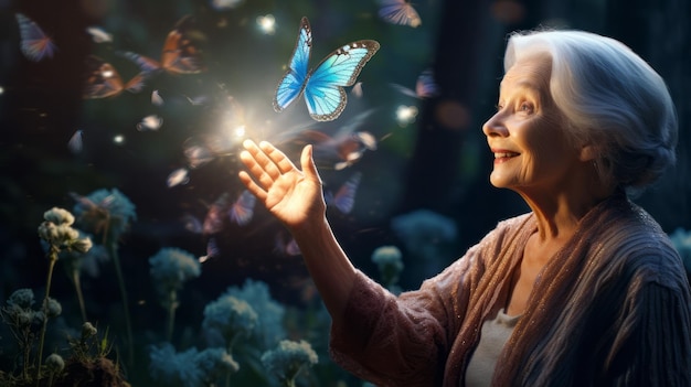 Die Nahaufnahme einer unerwarteten Überraschung einer älteren Frau auf einen leuchtenden Schmetterling