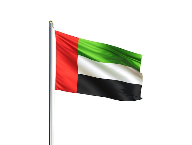 Die Nationalflagge der Vereinigten Arabischen Emirate weht in isoliertem weißem Hintergrund Flagge der Vereinigten Arabischen Emirate 3D-Darstellung