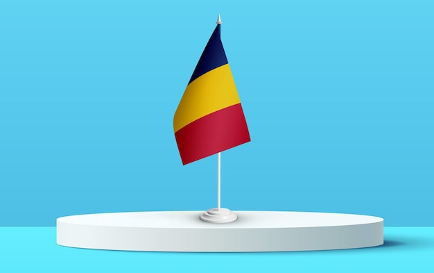 Die Nationalflagge des Tschad auf einem 3D-Podium und blauem Hintergrund.