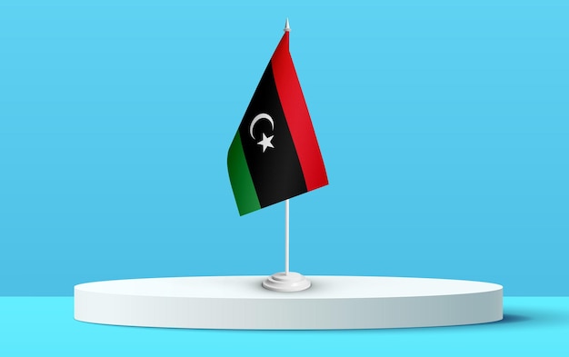 Die Nationalflagge Libyens auf einem 3D-Podium und blauem Hintergrund.