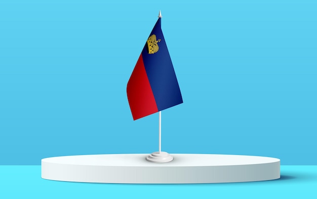 Die Nationalflagge Liechtensteins auf einem 3D-Podium und blauem Hintergrund.
