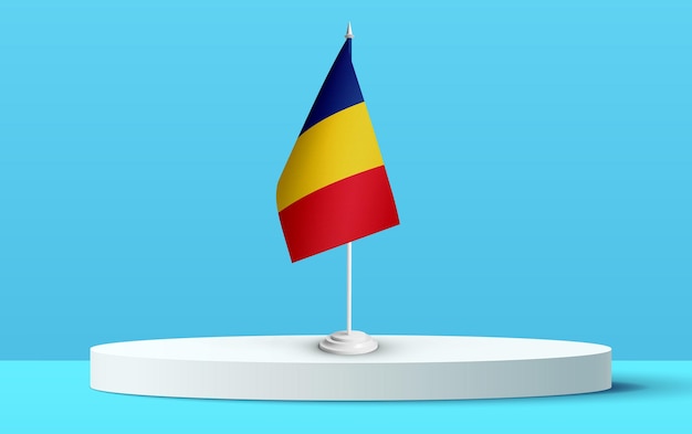 Die Nationalflagge Rumäniens auf einem 3D-Podium und blauem Hintergrund.