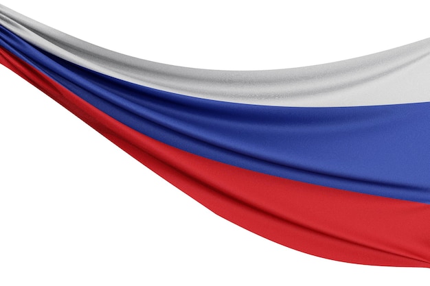 Die Nationalflagge Russlands Wehende Stoffflagge mit Textur, die auf einem schlichten weißen Hintergrund 3D-Rendering drapiert ist