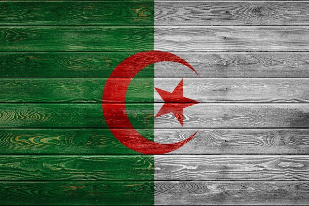 Die Nationalflagge von AlgeriaxA ist auf ein Lager aus ebenen Brettern gemalt, die mit einem Nagel genagelt sind. Das Symbol des Landes