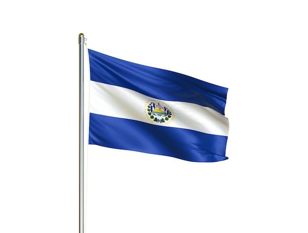 Die Nationalflagge von El Salvador weht auf isoliertem weißem Hintergrund Die Flagge von El Salvador 3D-Darstellung