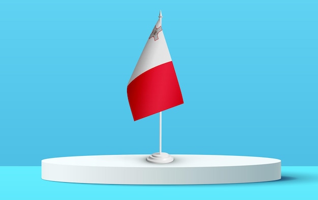 Die Nationalflagge von Malta auf einem 3D-Podium und blauem Hintergrund.