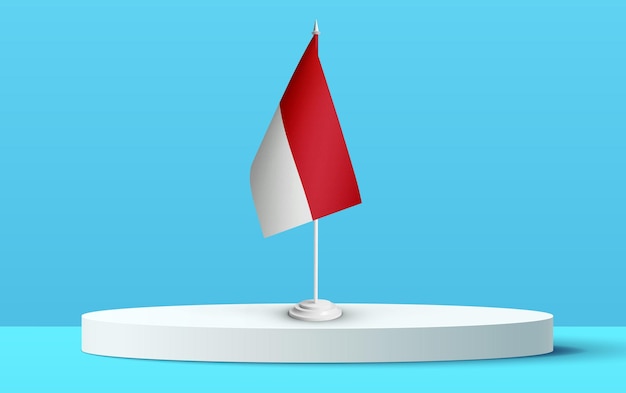 Die Nationalflagge von Monaco auf einem 3D-Podium und blauem Hintergrund.