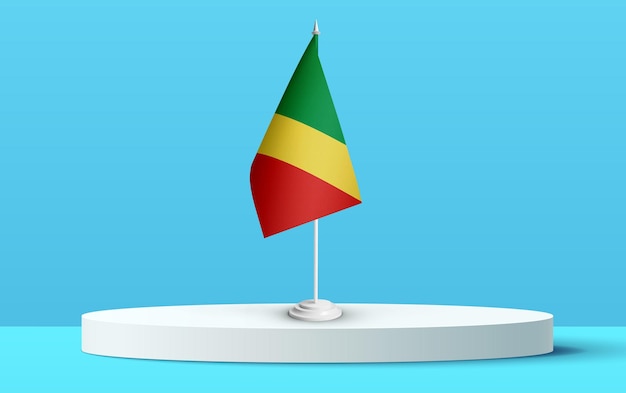 Die Nationalflagge von republic_of_the_congo auf einem 3D-Podium und blauem Hintergrund.