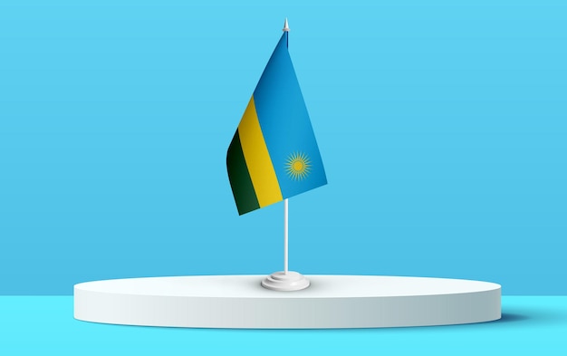 Die Nationalflagge von Ruanda auf einem 3D-Podium und blauem Hintergrund.