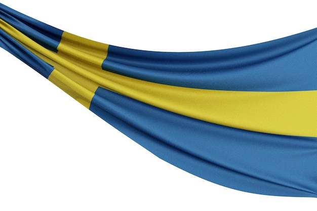 Die Nationalflagge von Schweden Wehende Stoffflagge mit Textur auf einem schlichten weißen Hintergrund 3D-Rendering