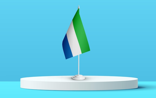 Die Nationalflagge von sierra_leone auf einem 3D-Podium und blauem Hintergrund.